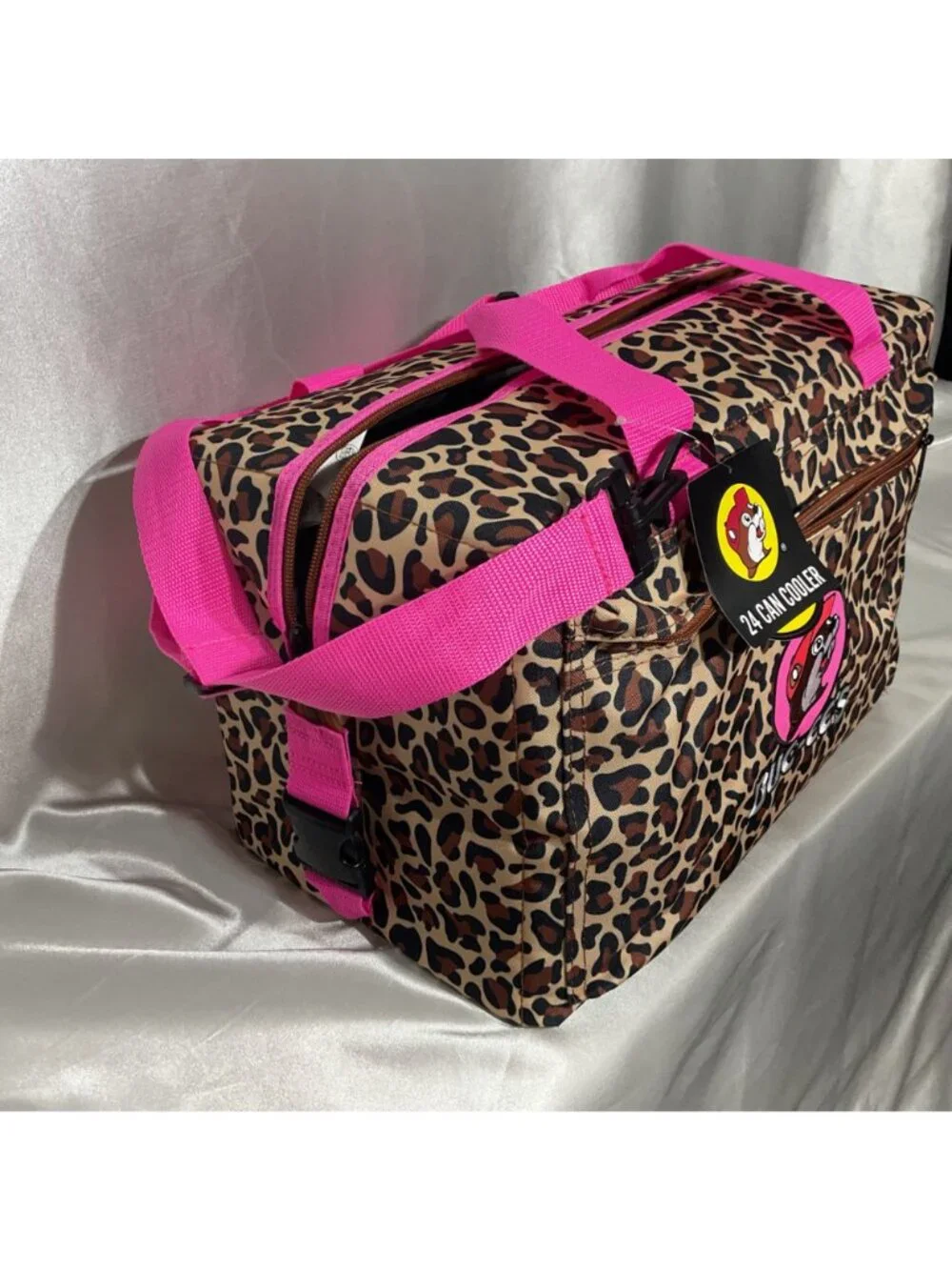 Buc-ees Leopard Print 24-Can Cooler Bag With Pink Handles Insulated Design Zippe - Picture 6 of 9
